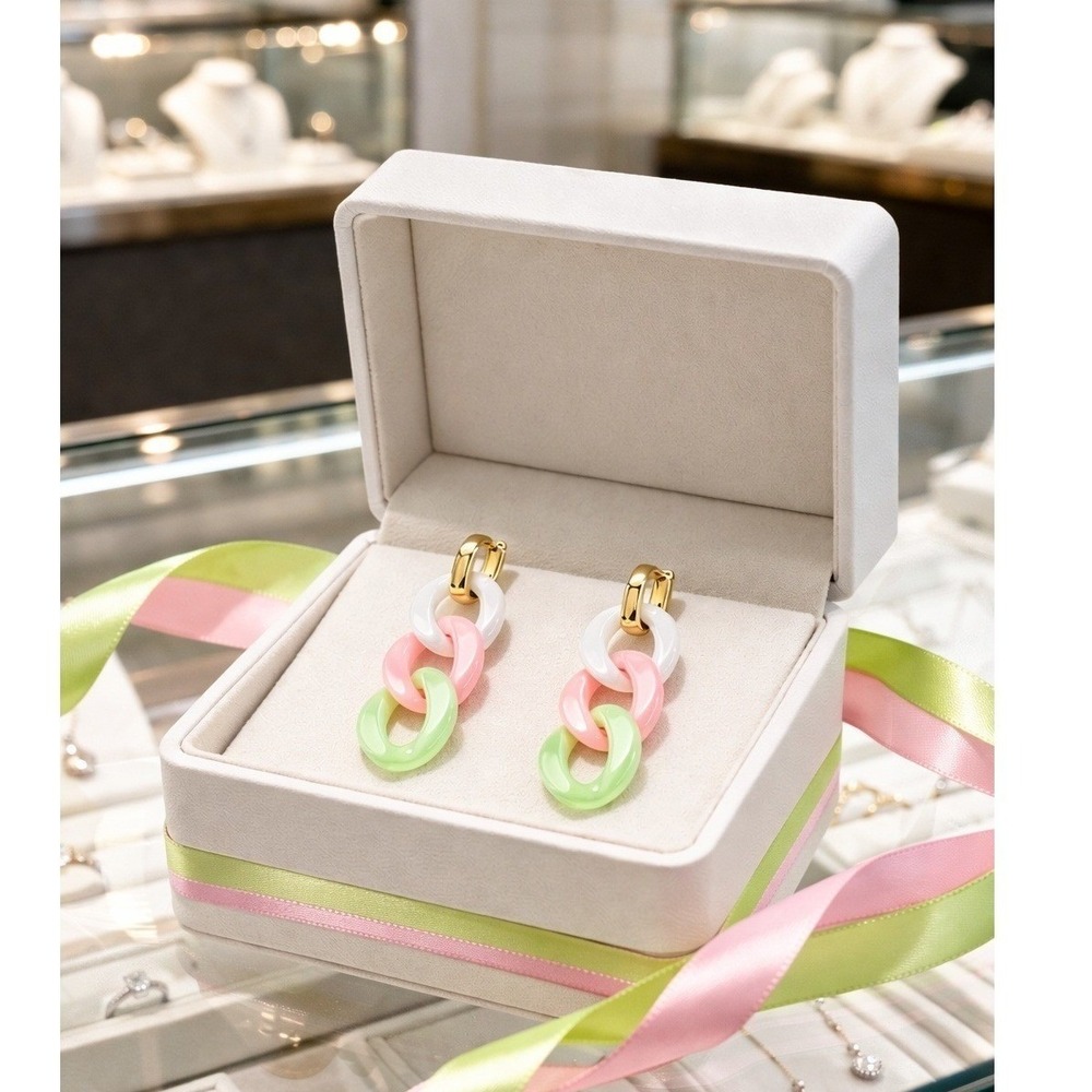 Pastel Resin Chain Link Drop Earrings Gold Tone‎ Pink White Green Statement